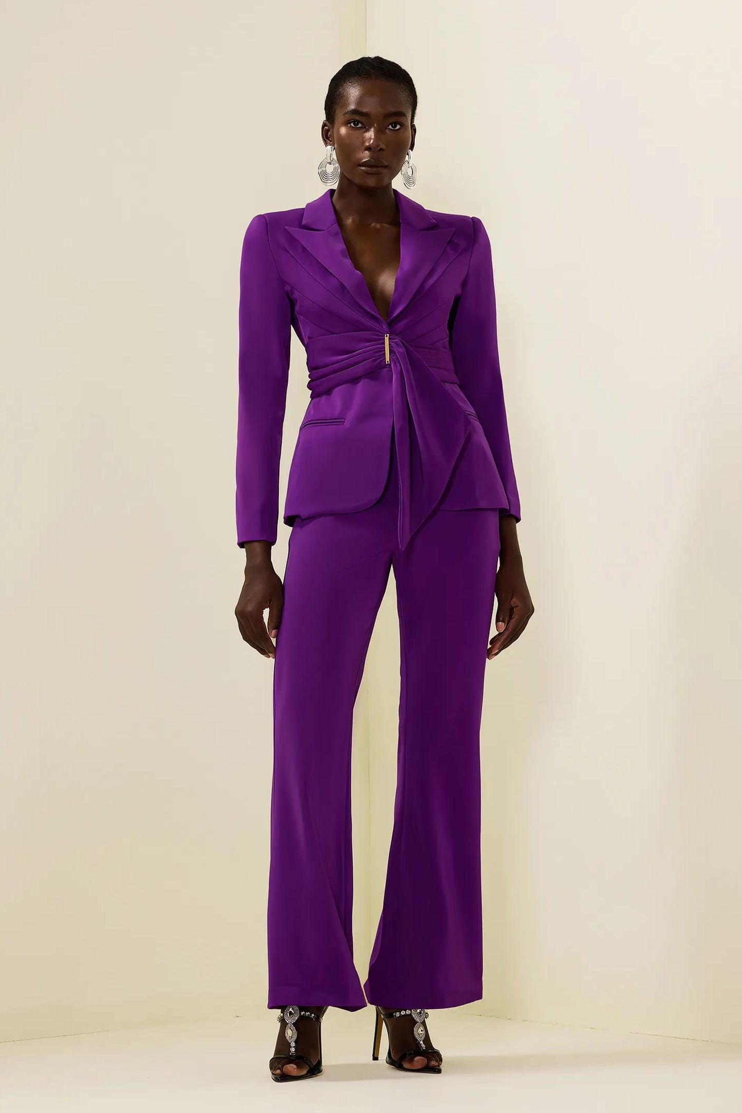 Solid Ruched Bottom Blazer &Mid Waist Solid Pants Set