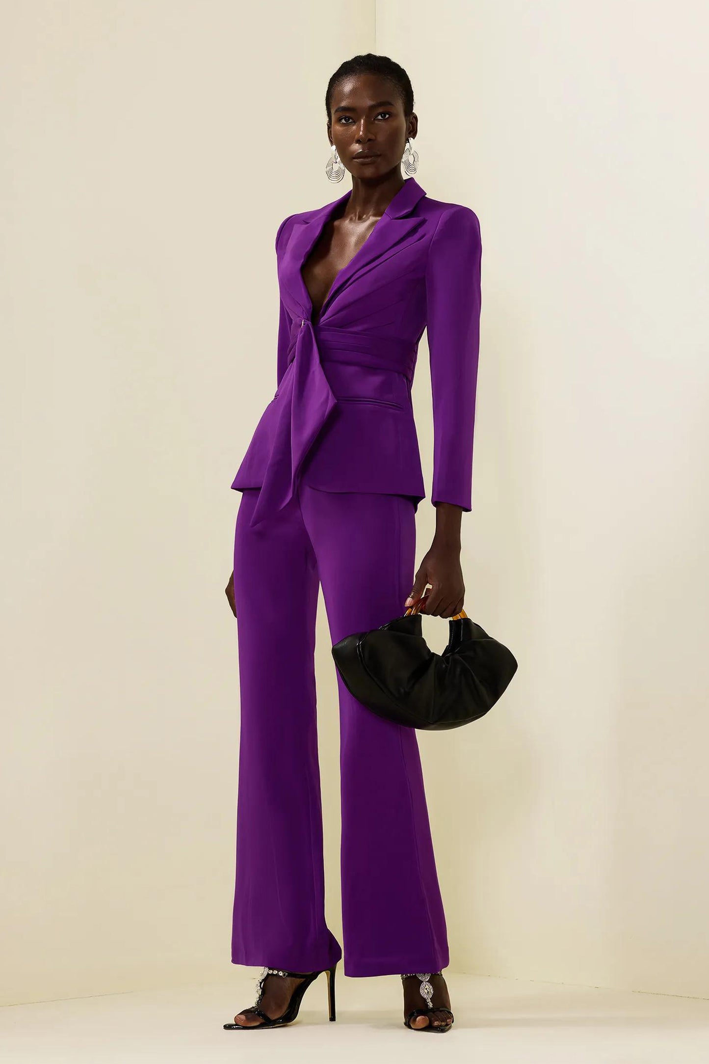 Solid Ruched Bottom Blazer &Mid Waist Solid Pants Set