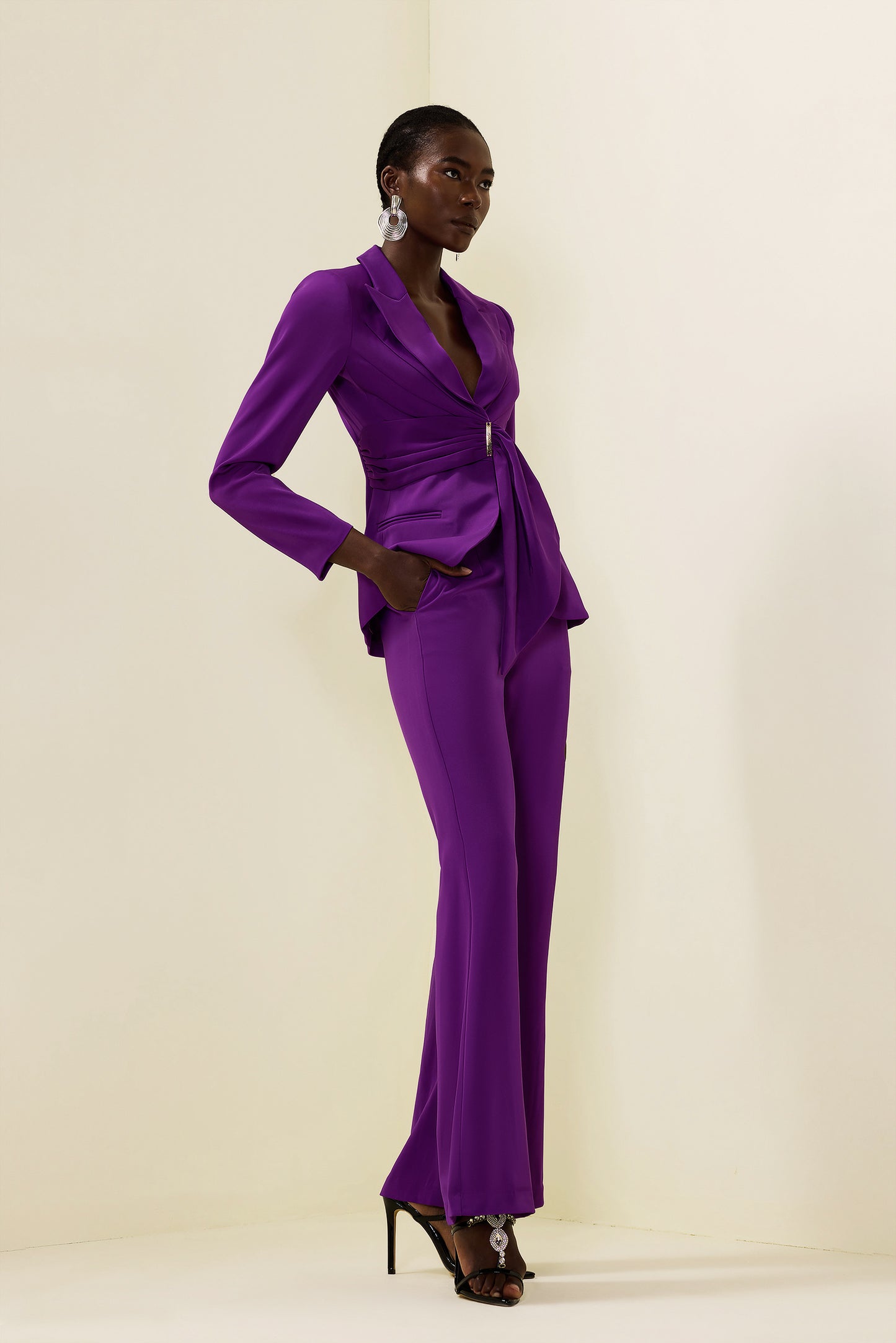 Solid Ruched Bottom Blazer &Mid Waist Solid Pants Set