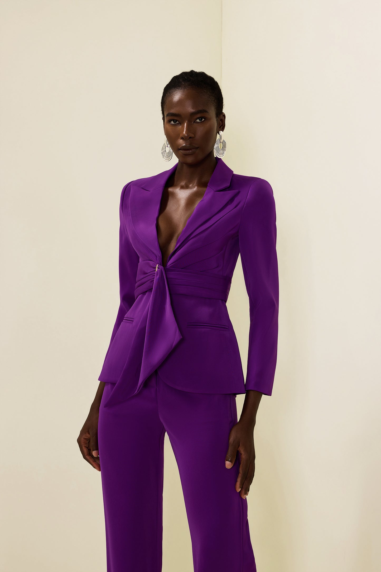 Solid Ruched Bottom Blazer &Mid Waist Solid Pants Set