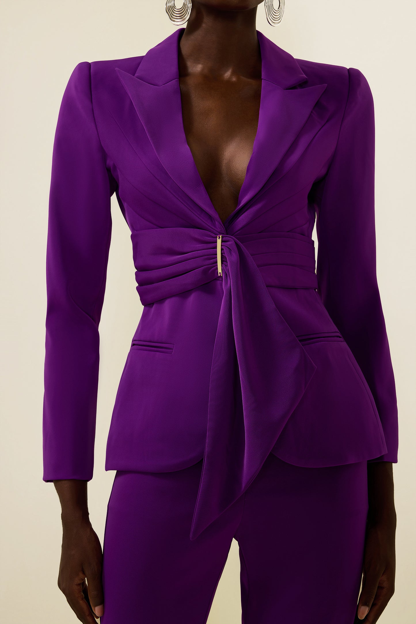 Solid Ruched Bottom Blazer &Mid Waist Solid Pants Set