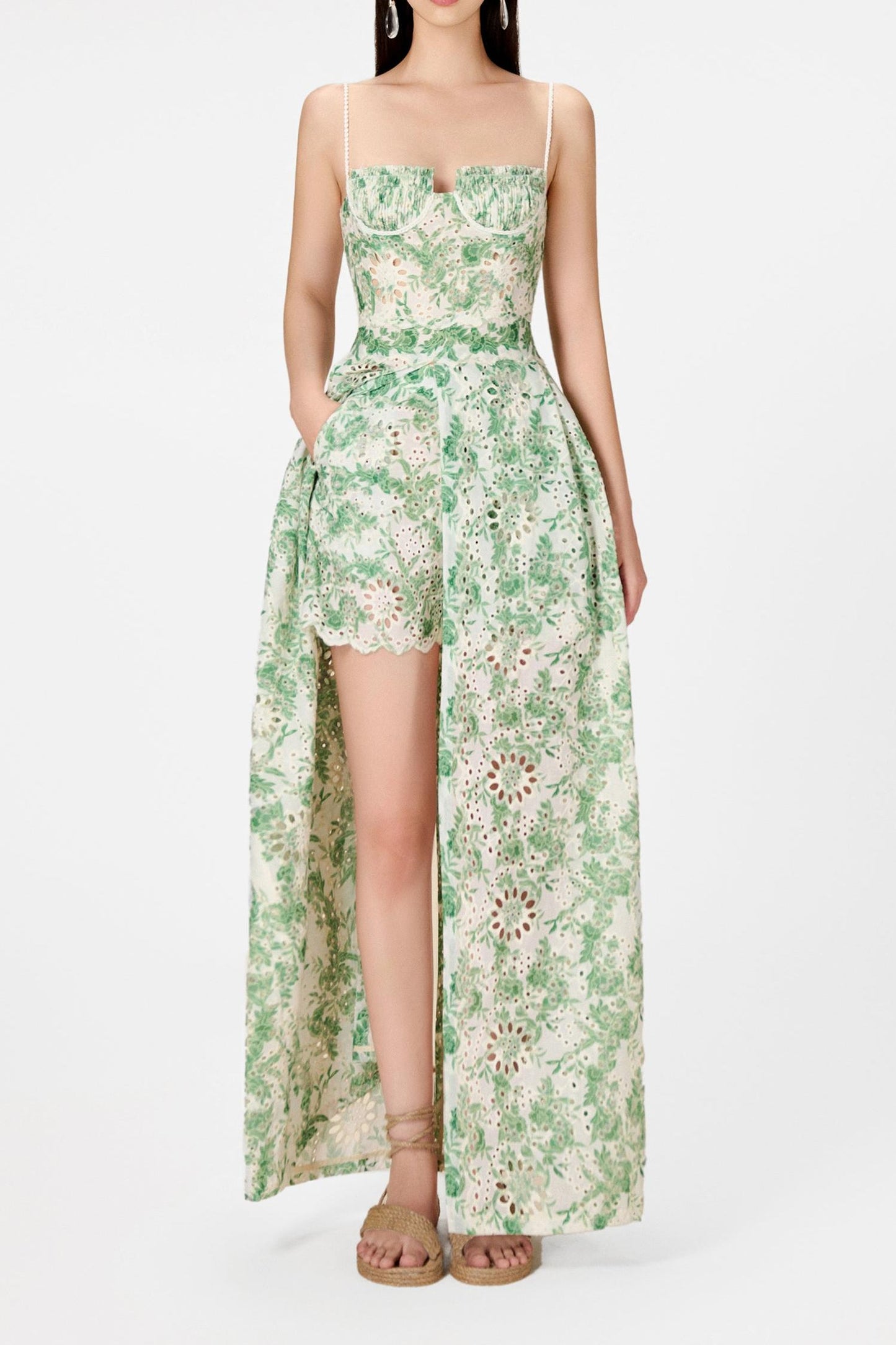 Lace Pleated Sleeveless Split Maxi Top & Mid Waist Mini Pants Set