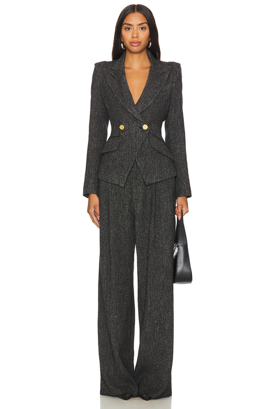 Metal Button Flapped Blazer &  High Waist Pants Set