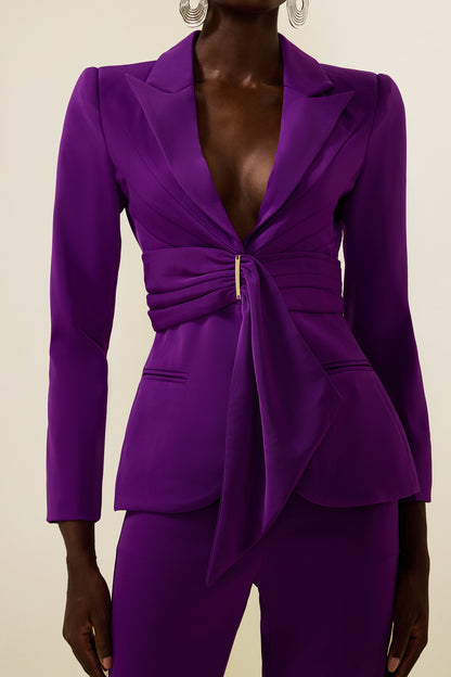 Solid Ruched Bottom Blazer ＆Mid Waist Solid Pants Set