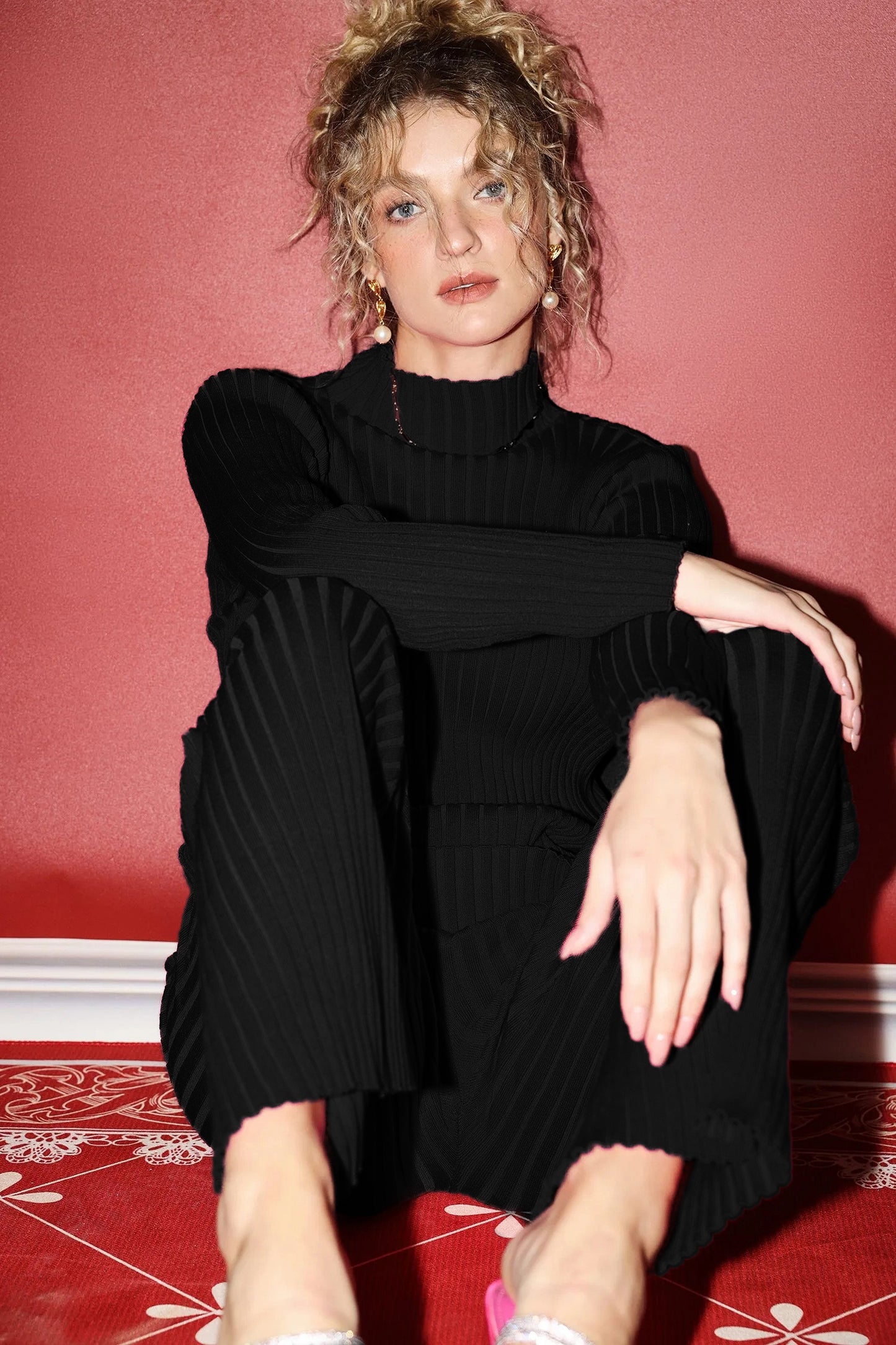 Turtleneck Long Sleeve Knit Sweater & Knit Pants Set