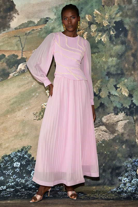 Sequin Splicing Lace Top & Pleated Midi Skirt Set