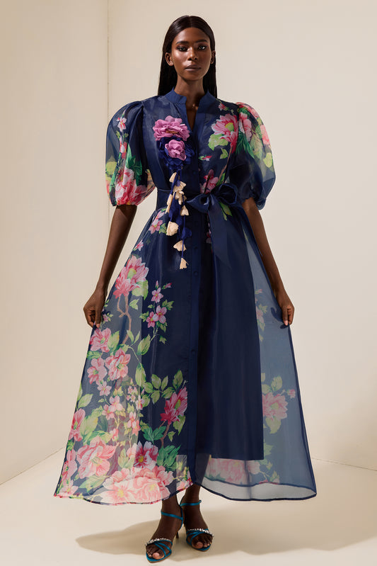 Organza 3D Flower Puff Sleeve Maxi Dress