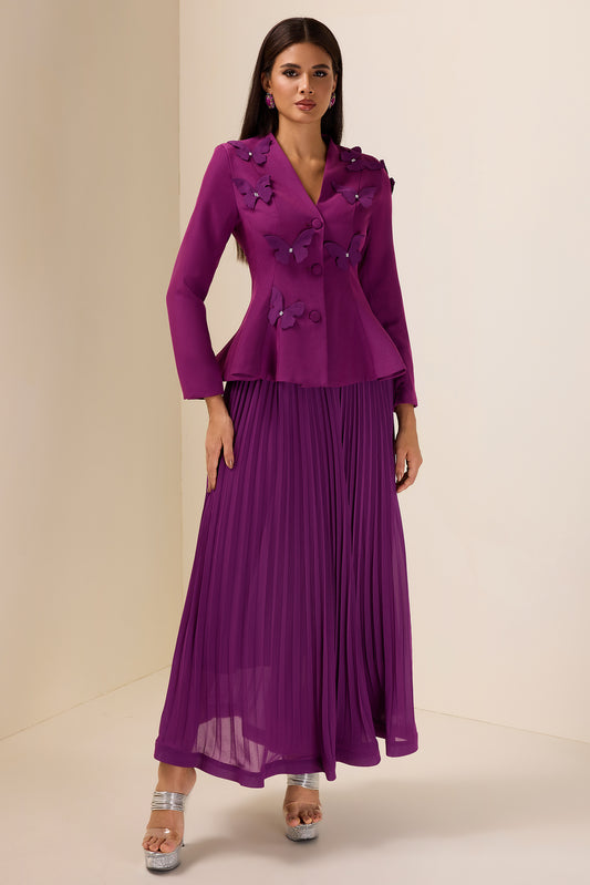 3D Butterfly Long Sleeve Blazer & High Waist Pleated Midi Skirt Set
