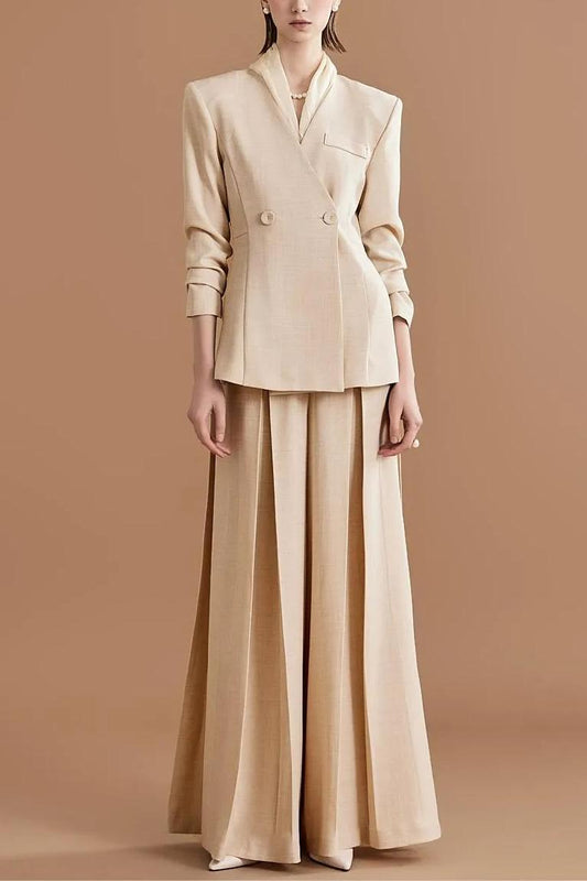 Solid Mid Sleeve Bottom Blazer ＆ High Waist Wide Leg Pants Set With Belt