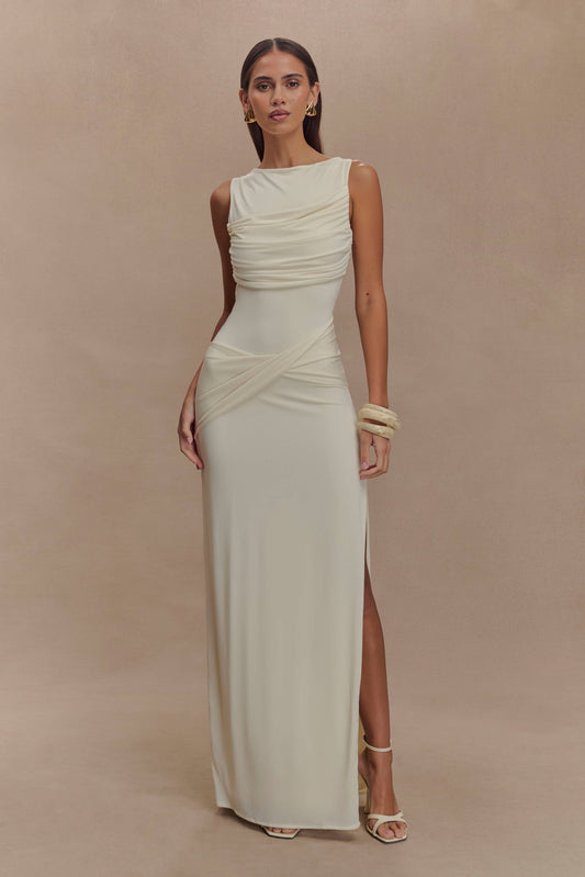 Solid Gathering Split Maxi Dress