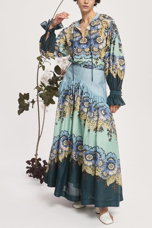 Floral Raglan Sleeve Tie-Up Top & High Waist Midi Skirt Set