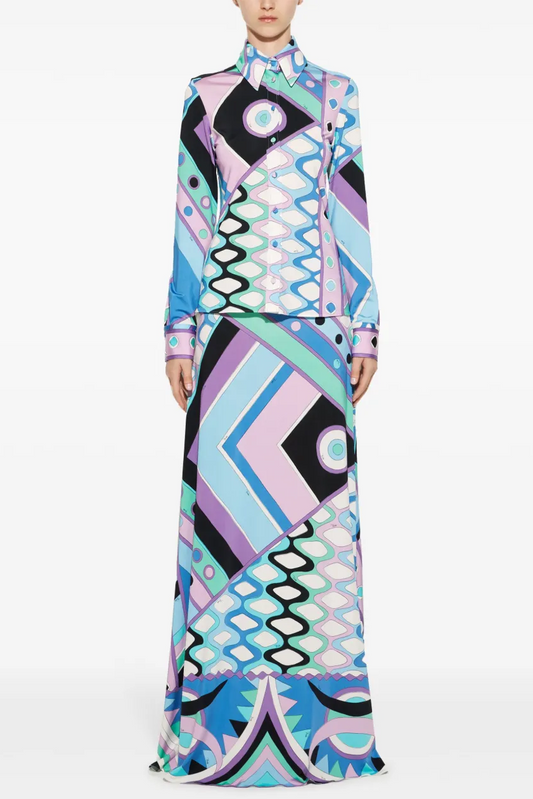 Geometric Patterns Long Sleeve Shirt & High Waist Midi Skirt Set