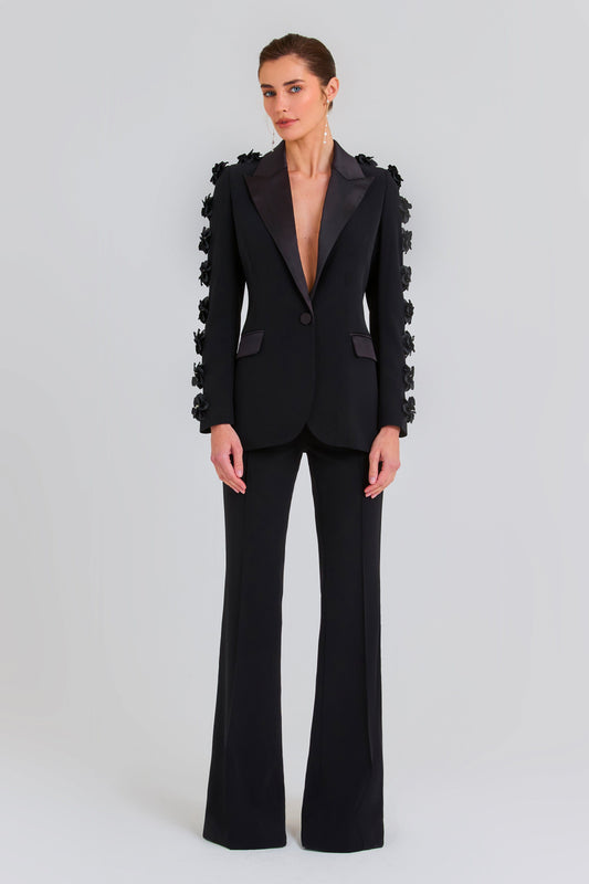 3D Flower Faux Pearl Blazer & High Waist Pants Set