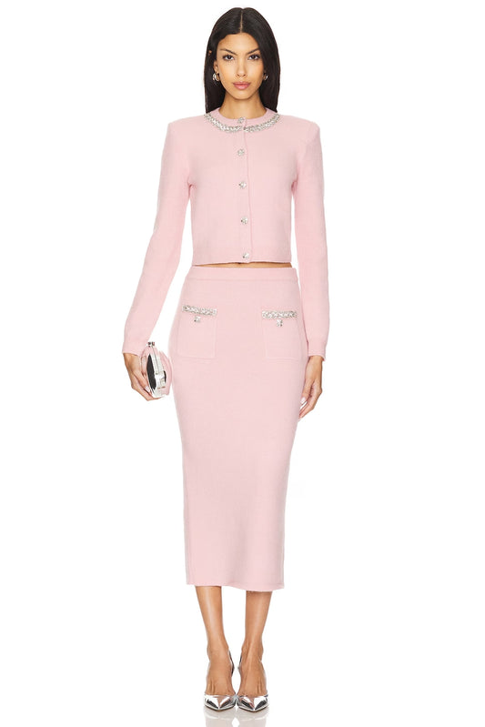 Rhinestone Round Neck Top & Mid Waist Midi Skirt Set