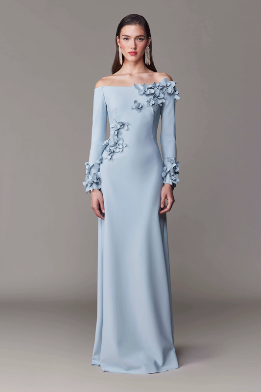 3D Flower Off-Shoulder Solid Maxi Dress