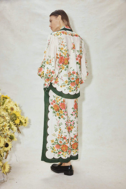 Floral Lantern Sleeve Lapel Buckle Shirt & Long Loose Pants Set